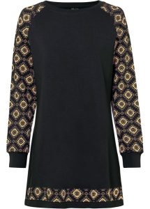 Sukienka dresowa z nadrukiem. Czarne sukienki bonprix, bez wzorów, z dresówki, bez kołnierzyka, bez ramiączek. Za 124,99 zł.