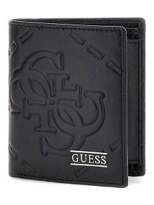 Guess Skórzany portfel w kolorze czarnym - 9 x 10,5 x 1,5 cm rozmiar: onesize. Czarne portfele Guess, z aplikacjami, z materiału. Za 218,05 zł.