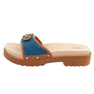 Klapki drewniaki Scholl Pescura Iconic F305492349 niebieskie. Niebieskie klapki bez wzorów, z jeansu, bez obcasa. Za 310,47 zł.