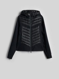 4F Kurtka narciarska hybrydowa z puchem naturalnym damska - czarna XL. Czarne kurtki 4f, na zimę, xl, bez wzorów, z puchu, bez kaptura. Za 499,99 zł.