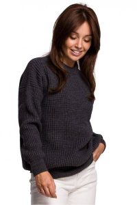 Sweter z grubą przędzą o łańcuszkowym splocie grafitowy. Szare długie swetry Polskie swetry, na zimę, l, z materiału, bez kołnierzyka. Za 259,00 zł.
