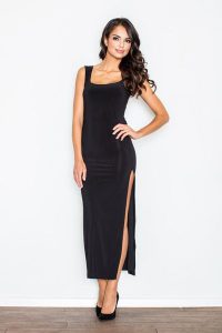 Czarna Wieczorowa Maxi Sukienka z Długim Rozporkiem. Czarne sukienki Figl, s, bez wzorów, z elastanu, wizytowe, bez kołnierzyka, bez ramiączek, maxi. Za 239,00 zł.