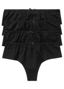 Stringi z wygodnej bawełny (4 pary). Czarne stringi bonprix, bez wzorów, z bawełny. Za 59,99 zł.