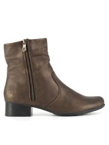 Rieker Botki 78656-90 Brązowy. Brązowe botki Rieker, bez wzorów, ze skóry, bez obcasa, na płaskiej podeszwie, bez zapięcia. Za 319,99 zł.