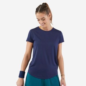 Koszulka do tenisa z okrągłym dekoltem damska Artengo Dry Essential 100. Niebieskie bluzki KUIKMA, l, bez wzorów, z materiału, eleganckie, bez kołnierzyka, bez ramiączek. Za 39,99 zł.