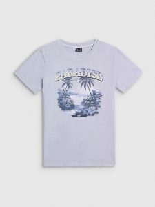 4F T-shirt regular z nadrukiem damski - niebieski XXL. Niebieskie t-shirty 4f, xxl, bez wzorów, z bawełny, bez kołnierzyka, bez ramiączek. Za 69,99 zł.