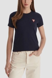GUESS Granatowy damski t-shirt na krótki rękaw Crew Neck Mini Triangle, Rozmiar L. Niebieskie t-shirty Guess, l, z aplikacjami, bez kołnierzyka, bez ramiączek. W wyprzedaży za 99,99 zł.