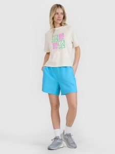 4F Spodenki casual damskie - niebieskie XL. Niebieskie szorty 4f, bez wzorów, z bawełny, casualowe. W wyprzedaży za 59,99 zł.