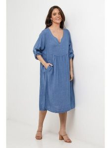 Le Monde du Lin Lniana sukienka w kolorze niebieskim rozmiar: 34/36. Niebieskie sukienki Le Monde du Lin, bez wzorów, ze lnu, bez kołnierzyka, bez ramiączek, midi. Za 173,99 zł.