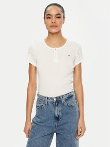 Tommy Jeans T-Shirt DW0DW19502 Biały Slim Fit. Białe t-shirty Tommy Jeans, xl, bez wzorów, z bawełny, bez kołnierzyka, bez ramiączek. Za 119,99 zł.