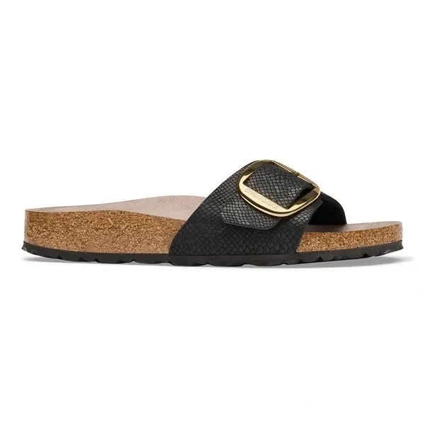 Birkenstock Madrid BB SYN Python Black Klapki damskie. Czarne klapki Birkenstock, bez wzorów, z jeansu, bez obcasa. Za 399,99 zł.