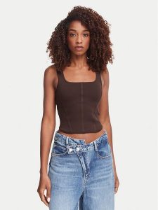Guess Top W6YZ08 Z0979 Brązowy ciemny Slim Fit. Brązowe topy Guess, m, z aplikacjami, z syntetyku, bez kołnierzyka, bez ramiączek. Za 182,99 zł.