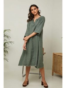 Joséfine Lniana sukienka "Granael" w kolorze oliwkowym rozmiar: L. Brązowe sukienki Joséfine, na co dzień, l, bez wzorów, ze lnu, bez kołnierzyka, bez ramiączek, midi, proste. Za 195,99 zł.