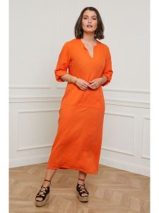 Curvy Lady Lniana sukienka w kolorze pomarańczowym rozmiar: 48/50. Pomarańczowe sukienki Curvy Lady, bez wzorów, ze lnu, klasyczne, bez kołnierzyka, bez ramiączek, maxi. Za 180,06 zł.