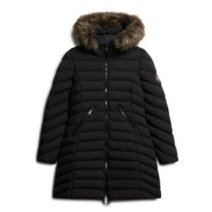 Średnia kurtka damska Superdry Fuji Faux Fur. Czarne kurtki Superdry, bez wzorów, z puchu, bez kaptura. W wyprzedaży za 537,90 zł.