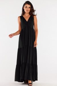 Letnia Wiskozowa Sukienka Maxi z Falbankami - Czarna. Czarne sukienki Awama, na lato, l, bez wzorów, z elastanu, wizytowe, bez kołnierzyka, bez ramiączek, maxi. Za 309,90 zł.