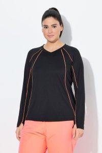 Damskie Koszula funkcyjna LSF 50+ slim dekolt w szpic długie rękawy. Czarne koszule Ulla Popken, plus size, bez wzorów, z elastanu, bez kołnierzyka, plus size, bez ramiączek. Za 239,99 zł.