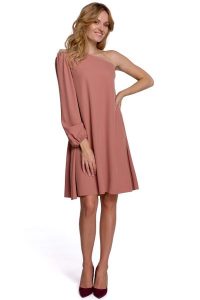 Luźna Sukienka na Jedno Ramię - Różowa. Czerwone sukienki MOE, l, bez wzorów, z elastanu, wizytowe, bez kołnierzyka, bez ramiączek. Za 273,90 zł.