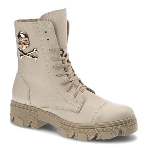 Beżowe Botki Exquisite Modne Skórzane Buty Damskie. Brązowe botki Exquisite, bez wzorów, z materiału, bez obcasa, na płaskiej podeszwie, bez zapięcia. Za 359,00 zł.