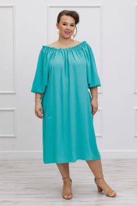 Sukienka hiszpanka w odcieniach turkusu na lato PLUS SIZE. Czerwone sukienki Moda Size Plus Iwanek, na imprezę, na lato, l, bez wzorów, z elastanu, eleganckie, bez kołnierzyka, plus size, bez ramiączek, mini. W wyprzedaży za 109,90 zł.