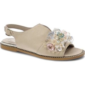 Beżowe Sandały Chebello Eleganckie Skórzane Buty. Brązowe sandały CheBello, z aplikacjami, ze skóry, bez obcasa, na obcasie, bez zapięcia. Za 289,00 zł.