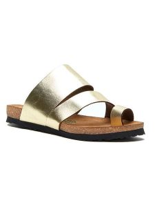 Comfortfusse Skórzane japonki w kolorze złotym rozmiar: 38. Żółte klapki Comfortfüße, bez wzorów, ze skóry, z otwartym noskiem, bez obcasa. Za 217,99 zł.