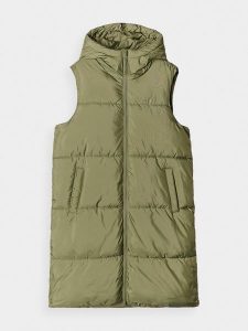 4F Długi bezrękawniki puchowy pikowany z kapturem damski - khaki XS. Brązowe kurtki 4f, xs, bez wzorów, z dzianiny, z kapturem. W wyprzedaży za 129,99 zł.