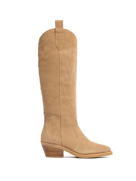 Loft37 Skórzane kozaki w kolorze beżowym rozmiar: 39. Brązowe kozaki Loft37, na zimę, bez wzorów, z materiału, bez obcasa, bez zapięcia. Za 565,65 zł.