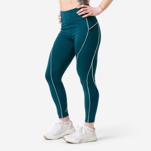 Legginsy fitness damskie Domyos wysoki stan. Białe legginsy DOMYOS, z aplikacjami, z materiału, z podwyższonym stanem, długie. Za 119,99 zł.