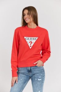 GUESS Czerwona damska bluza z dużym logo Original Fleece. Czerwone bluzy Guess, s, z aplikacjami, z bawełny, bez kaptura. W wyprzedaży za 251,99 zł.