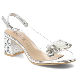 Sandały damskie S.Barski, cholewka z transparentnego materiału odkryty przód ozdobna aplikacja z kryształkami, srebrne, KV61-6068. Szare sandały S.BARSKI, z aplikacjami, bez obcasa, na obcasie, bez zapięcia. Za 199,00 zł.