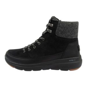 Buty Skechers 144204/BKGY czarne. Czarne botki bez wzorów, ze skóry, bez obcasa, bez zapięcia. Za 432,01 zł.