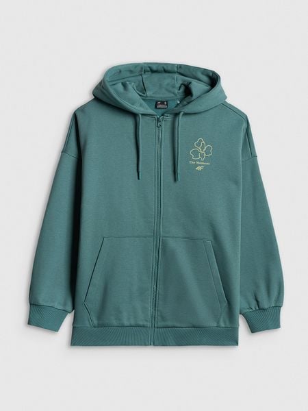 4F Bluza dresowa loose z kapturem damska - turkusowa L. Niebieskie bluzy 4f, l, bez wzorów, z dresówki, z kapturem. Za 199,99 zł.