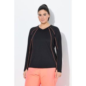 Damskie Koszula funkcyjna LSF 50+ slim dekolt w szpic długie rękawy. Czarne koszule Ulla Popken, plus size, bez wzorów, z elastanu, bez kołnierzyka, plus size, bez ramiączek. Za 239,99 zł.