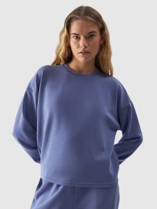 4F Bluza dresowa cropped z modalem damska - granatowa XS. Niebieskie bluzy 4f, xs, bez wzorów, z dresówki, bez kaptura. Za 59,99 zł.