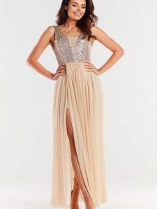 Sukienka Model A486 Beige - awama. Brązowe sukienki Awama, na wesele, l, z aplikacjami, z elastanu, eleganckie, bez kołnierzyka, plus size, bez ramiączek, maxi. Za 610,80 zł.