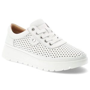 Półbuty damskie Vinceza, cholewka ze skóry naturalnej licowej z perforacją wiązanie z przodu metalowe oczka z zabudowanym przodem, białe, 79629. Białe półbuty VINCEZA, bez wzorów, ze skóry, bez obcasa, bez zapięcia. Za 152,90 zł.