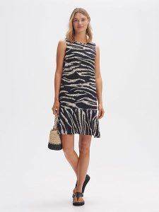 OPUS Sukienka w kolorze czarno-kremowym rozmiar: 36. Czarne sukienki Opus, bez wzorów, z wiskozy, bez kołnierzyka, bez ramiączek, mini. Za 91,77 zł.