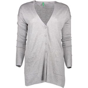 Kardigan w kolorze szarym. Szare kardigany marki Benetton, prążkowane. W wyprzedaży za 77,95 zł.
