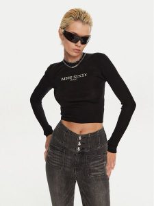 Miss Sixty Sweter 6L4RJ4340000 Czarny Slim Fit. Czarne swetry klasyczne Miss Sixty, l, z jedwabiu, bez kołnierzyka. Za 429,99 zł.