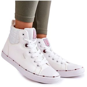 Damskie Wysokie Trampki Cross Jeans KK2R4060C Białe. Białe trampki bez wzorów, z jeansu, bez zapięcia. Za 240,34 zł.