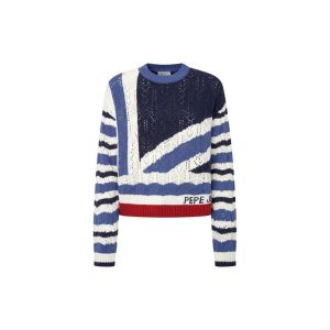 Sweter damski Pepe Jeans Harlow. Białe swetry klasyczne Pepe Jeans, na zimę, z jeansu, bez kołnierzyka. W wyprzedaży za 295,20 zł.
