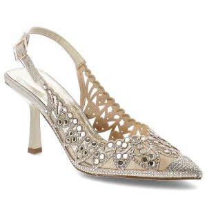 Sandały damskie S.Barski, cholewka ze skóry ekologicznej ażurowa konstrukcja z wycięciami na stabilnej szpilce, złote, SR61-0106. Żółte sandały S.BARSKI, w ażurowe wzory, ze skóry ekologicznej, bez obcasa, na obcasie, bez zapięcia. Za 209,00 zł.