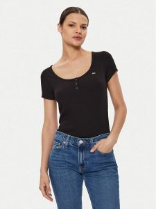 Tommy Jeans T-Shirt Henley DW0DW18669 Czarny Slim Fit. Czarne t-shirty Tommy Jeans, xxs, bez wzorów, z bawełny, bez kołnierzyka, bez ramiączek. Za 129,99 zł.
