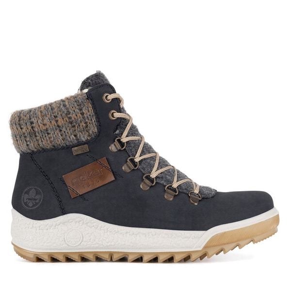 Trzewiki Rieker. Niebieskie botki Rieker, bez wzorów, bez obcasa, na płaskiej podeszwie, bez zapięcia. Za 279,99 zł.