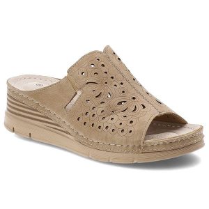 Klapki damskie Vinceza, cholewka ze skóry ekologicznej ażurowy wzór na koturnie, beżowe, 85214. Brązowe klapki VINCEZA, w ażurowe wzory, z materiału, bez obcasa, na koturnie. Za 98,90 zł.