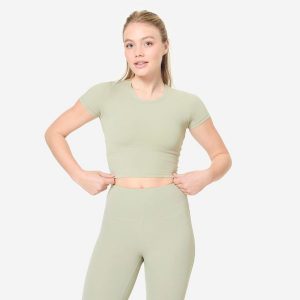 Koszulka do jogi i pilatesu Breathe. Zielone bluzki DOMYOS, xs, bez wzorów, z elastanu, sportowe, bez kołnierzyka, bez ramiączek. W wyprzedaży za 49,99 zł.