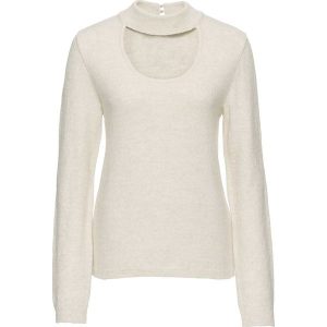 Sweter ze stójką bonprix beżowy. Długie swetry marki bonprix. Za 59,99 zł.