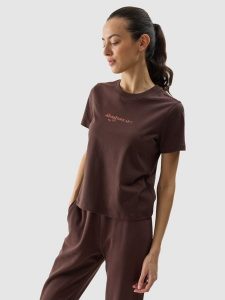 4F T-shirt regular z nadrukiem damski - brązowy XS. Brązowe t-shirty 4f, xs, bez wzorów, z bawełny, bez kołnierzyka, bez ramiączek. W wyprzedaży za 29,99 zł.