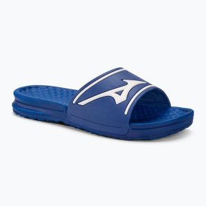 Klapki Mizuno Relax Slide. Niebieskie klapki Mizuno, bez wzorów, z tworzywa sztucznego, bez obcasa. Za 161,50 zł.